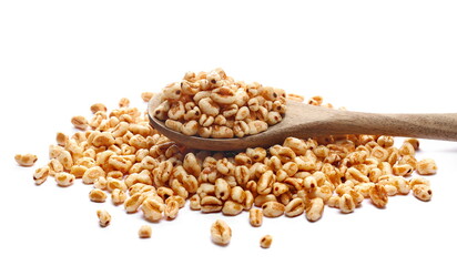 Puffed wheat cereal flakes with honey in wooden spoon isolated on white, side view - 764239694