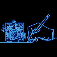 Hand drawing a Processor chip, computer microchip, cpu chipset icon neon glow vector illustration concept