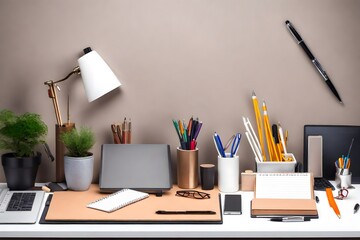 A desk with a laptop, a cell phone, a keyboard, a mouse, a pen, a pencil