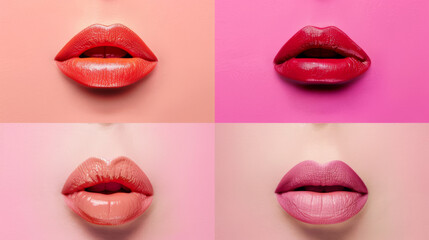 Obraz premium Beautiful lips. 4 abstract colorful lips on different backgrounds. Background for design.