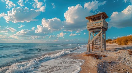 A lifeguard tower on a beach next to the ocean