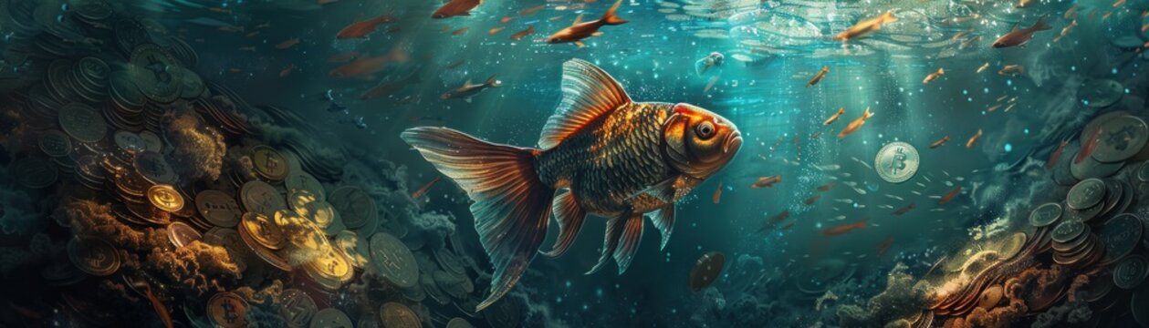 Bitcoin fish swimming in a sea of coins, twilight, underwater view, fantasy art , super detailed