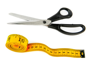 Measuring tape and tailor scissors isolated on white. Collage.