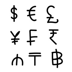 Obraz premium Set of currency symbols doodles on white. Hand drawn style