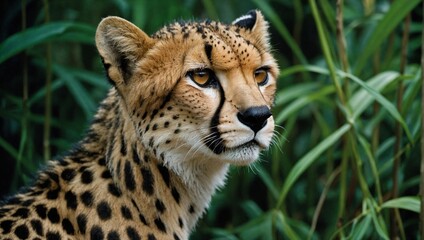 Close up view of majestic cheetah showcasing its distinctive spotted coat and intense gaze, beautifully contrasted against the lush, green backdrop of a tropical jungle