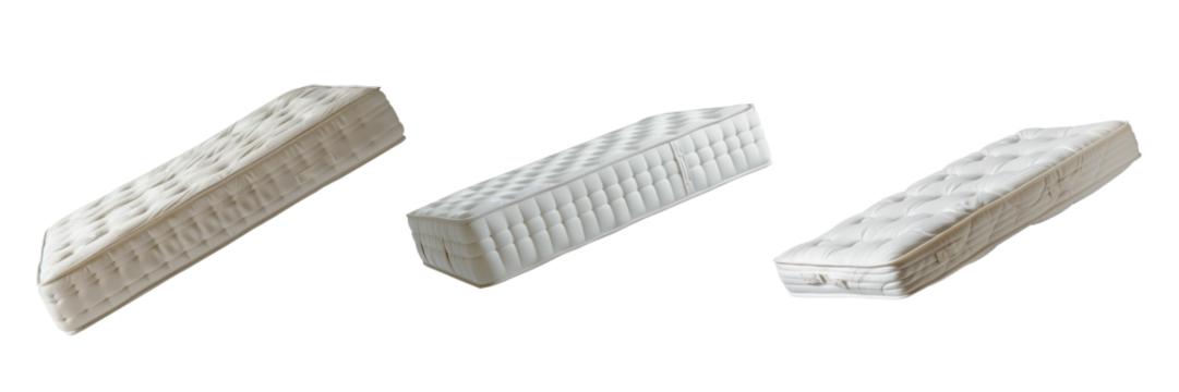 Set of large white mattresses isolated on a white or transparent background. Orthopedic mattresses close-up made of polyurethane foam, side view. Graphic design element on the theme of interior.