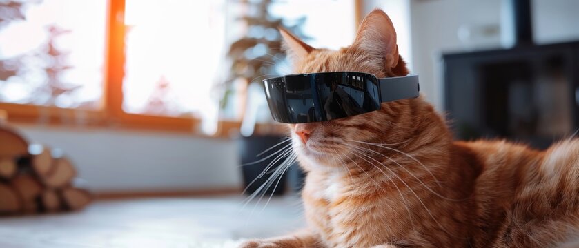Cat wearing AR glasses, 3D render, indoor light, eyelevel, techsavvy pet , photographic style