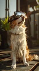 Dog with futuristic AR glasses, 3D, sunshine, side angle, interactive play scene , hyper realistic