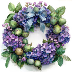 Elegant watercolor wreath with hydrangea flowers and Easter eggs, holiday floral concept - 764240241