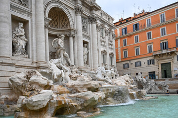 Detail of the Trevi Fountain or “Fontana di Trevi”. It the largest Baroque fountain in Rome,...