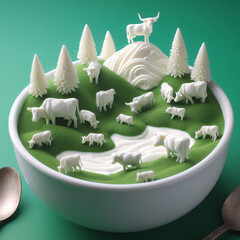 Cows, lake, trees in the cup made of yoghurt