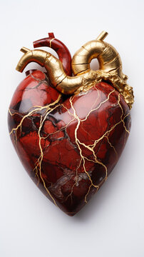polished petrified wood anatomical heart, surreal with golden veins сreated with Generative Ai