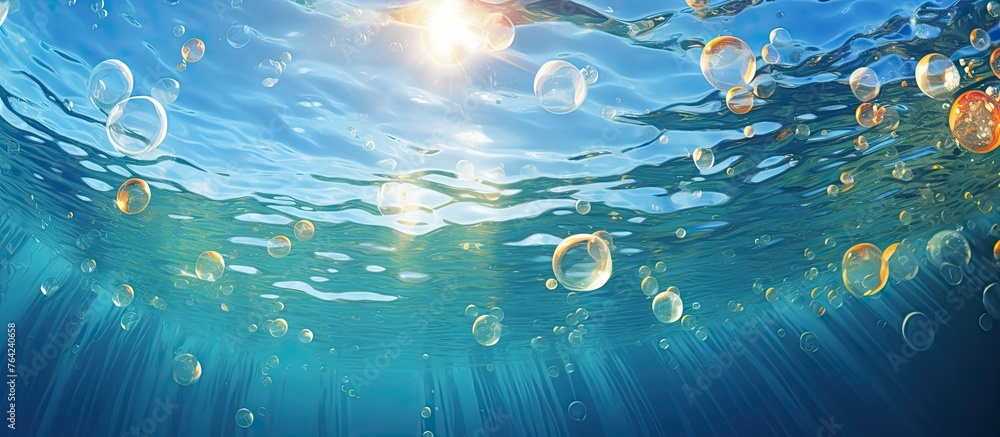 Poster a serene scene of bubbles floating in the water as sunlight filters through the clear sky, creating 