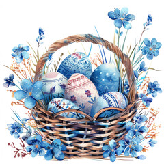 Happy Easter background with eggs in basket, spring flowers and copy space. Greeting card - 764240681