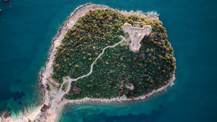 Aerial drone view of the Porto Palermo Castle in Albania. The castle is a significant monument...