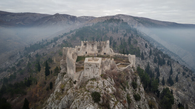 Aerial drone view of the Medieval Fortress in Blagaj or Stjepan Grad in Bosnia and Herzegovina.