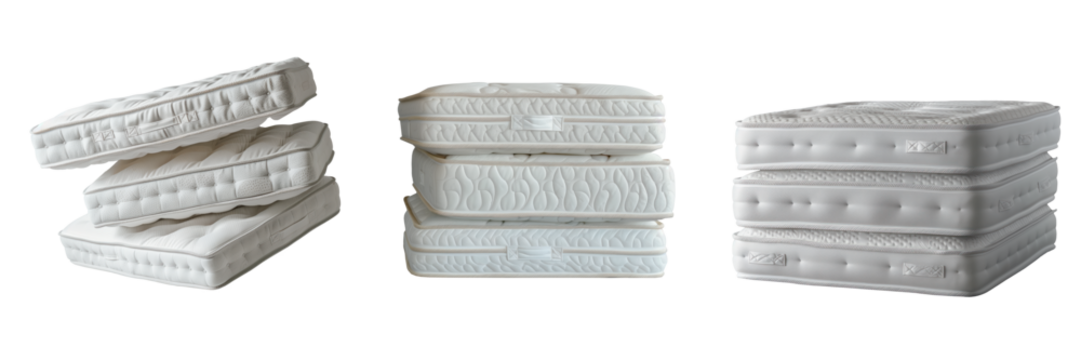 Set of stacked white mattresses isolated on a white or transparent background. Bundle of spring mattresses close-up, side view. Graphic design element on the theme of interior.