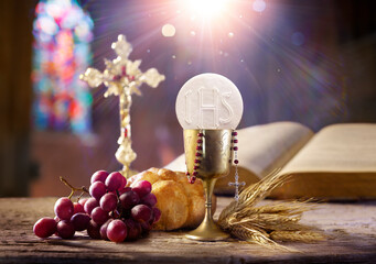 Communion In Holy Mass - Grail With Bread And Chalice Of Wine - Last Supper With Corpus Christi And Sunlight