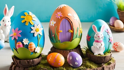 Colorful hand-painted Easter eggs with floral and bunny designs displayed on wooden stands.