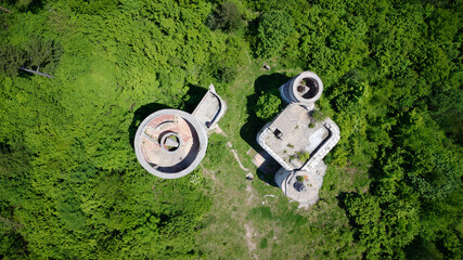 Aerial drone view of the destroyed Colina Kapa, Astronomical Observatory, in Sarajevo, Bosnia and...