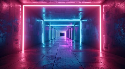 Fototapeta premium Abstract glowing tunnel perspective with neon lights illumination background. AI generated image