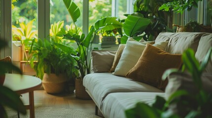 A living room with couches and green plants.