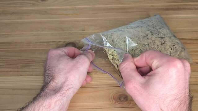 A gardner open a bag with moss sphagnum
