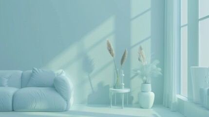 3D rendering empty modern Interior room design in monochrome pastel blue color. AI generated image