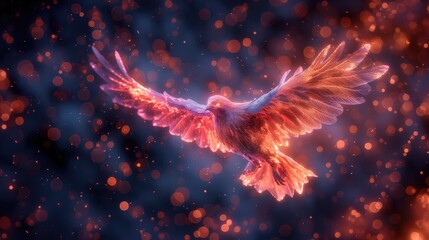 Phoenix illustration with a fiery wingspan amidst a starry backdrop. - obrazy, fototapety, plakaty
