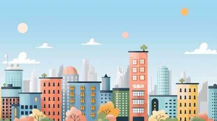 Colorful Urban Landscape Illustration with Modern City Skyline and Pastel Sky