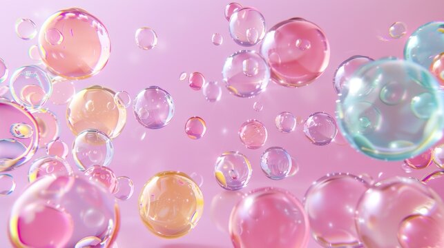 3d render of bubbles floating with pastel colored isolated on pink background. AI generated image