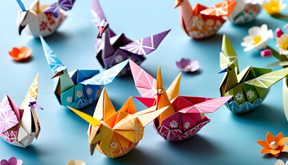 Colorful origami paper boats on a blue background.