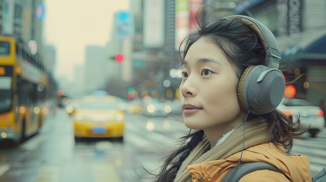 A young Asian woman waits for a taxi on a city street. She wears headphones and listens to music. The photograph has a grainy effect to mimic the look of old film cameras.