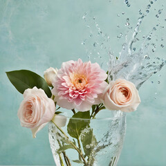 Create a visually stunning water splash infused with floral elements, evoking a sense of freshness and botanical elegance
