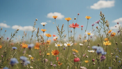 A close-up shot of vibrant wildflowers blooming in a meadow under a clear blue sky