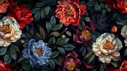 Floral pattern with colorful peonies on a black background. Perfect for fabrics, wallpapers, and other decorative items. Vintage style. - obrazy, fototapety, plakaty