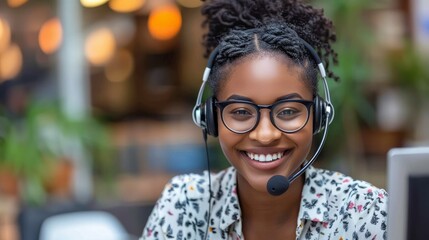 Friendly call center agent answering incoming calls with a headset, providing customer service remotely. Happy woman using her excellent communication skills to resolves customer issues. - obrazy, fototapety, plakaty