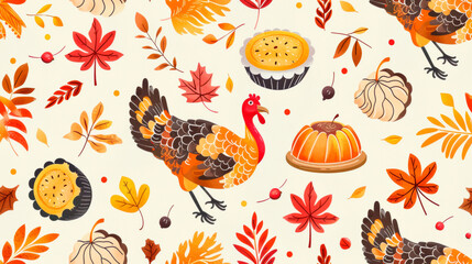 A scene featuring a turkey, pumpkins, and leaves arranged on a white background. The turkey, in the center, is surrounded by vibrant orange pumpkins and colorful autumn leaves. Banner. Copy space