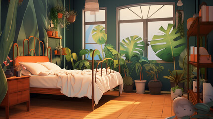 Quarto de dormir com plantas tropicais - Ilustração - obrazy, fototapety, plakaty