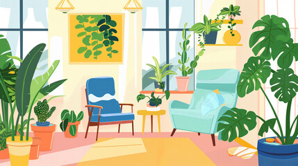 Sala de estar com plantas tropicais - Ilustração
