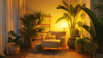 Sala de estar com plantas tropicais e iluminação amarela - obrazy, fototapety, plakaty