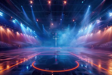 Empty basketball arena neon color - obrazy, fototapety, plakaty