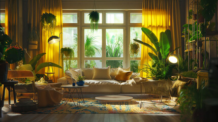 Sala de estar com plantas tropicais e iluminação amarela - obrazy, fototapety, plakaty