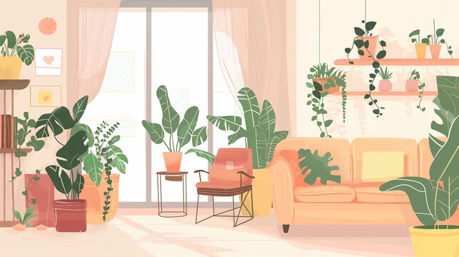 Sala de estar com plantas tropicais - Ilustração