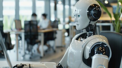 Robots collaborate with humans in offices, performing tasks like typing and providing support