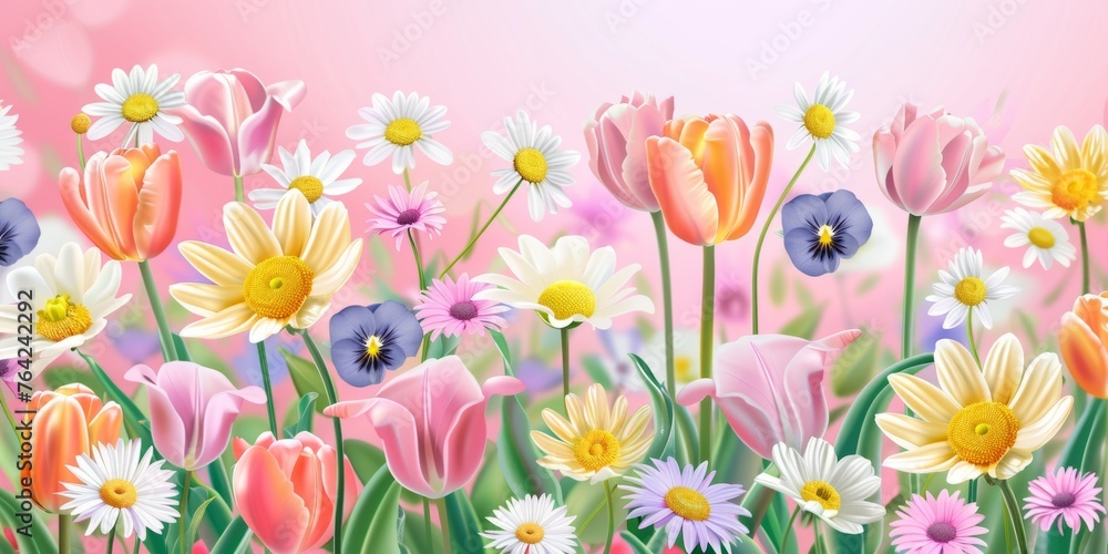 Poster a field of colorful spring flowers with daisies, tulips and violets in soft pastel colors on a pink 