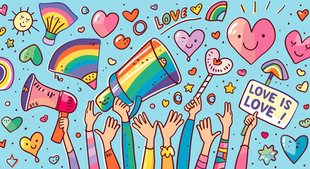 a colorful illustration celebrating Pride Month, featuring hands holding up a rainbow flag, a transgender pride flag, a megaphone, and a sign with the message "LOVE IS LOVE," as well as a heart-shaped