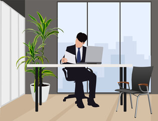 Business man entrepreneur sitting at the desk, working with documents and on a laptop computer in modern comfortable office with big windows and city skyline. Vector realistic illustration.