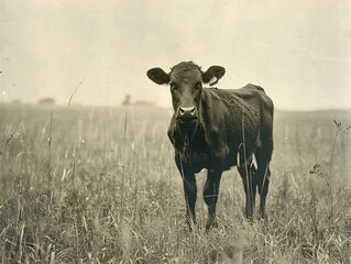 Vintage style cow in pastoral field. Rustic farm animal photography for print and design