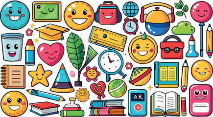 School stickers or badges with happy faces, school supplies and different decoration elements. Vector set